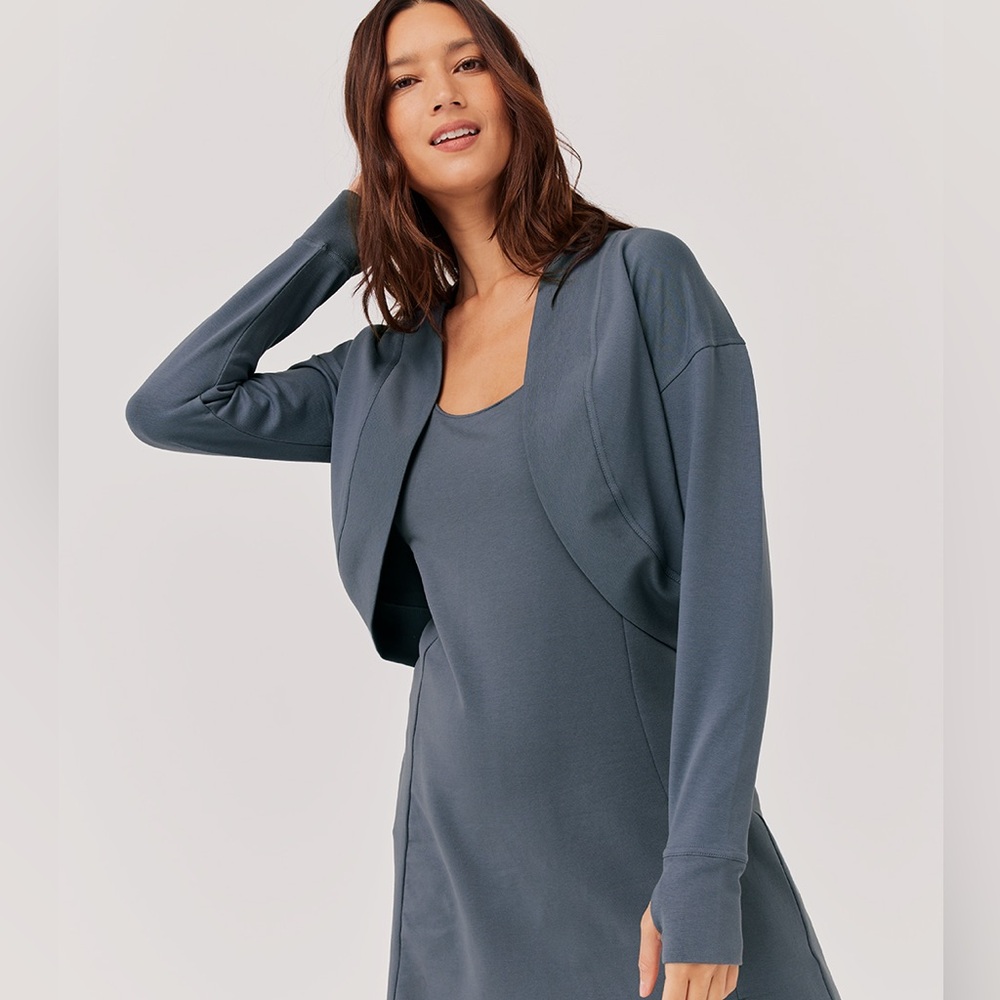 Pact The Studio Shrug Open Front Cardigan Organic Cotton Thumbholes Blue XS/S